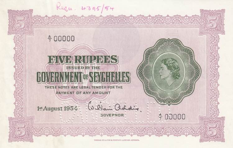 Seychelles, 5 Rupees, 1954, ... 