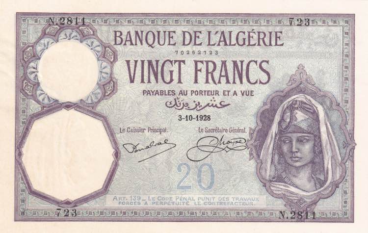 Algeria, 20 Francs, 1928, UNC, p78b