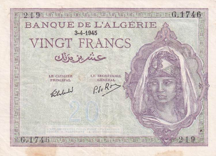 Algeria, 20 Francs, 1945, XF(-), ... 