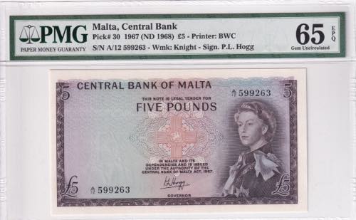 Malta, 5 Pounds, 1968, UNC, p30