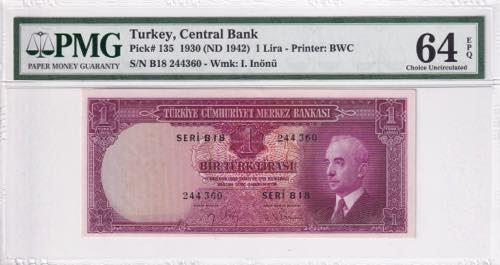 Turkey, 1 Lira, 1942, UNC, p135, ... 