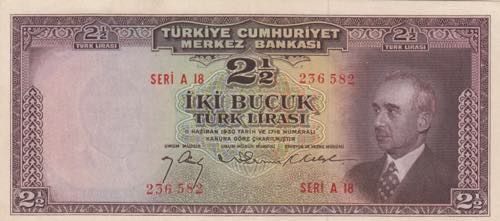 Turkey, 2 1/2 Lira, 1947, XF, ... 