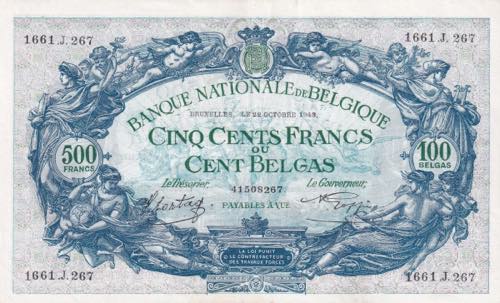 Belgium, 500 Francs-100 Belgas, ... 