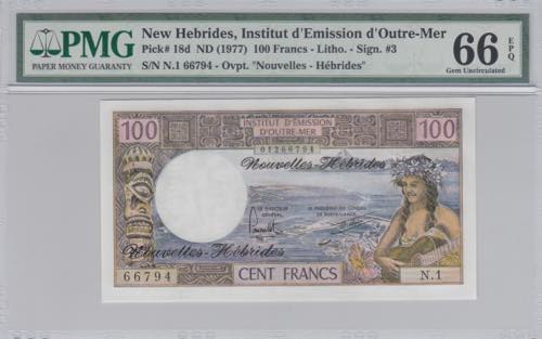 New Hebrides, 100 Francs, 1977, ... 