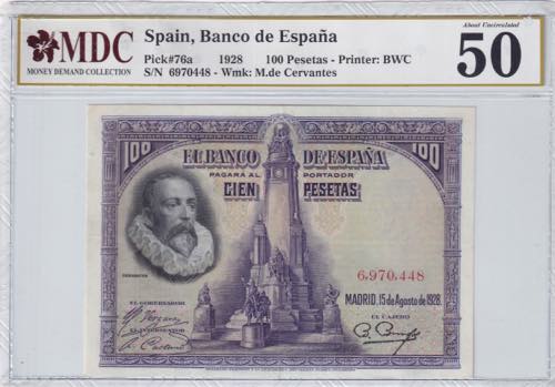 Spain, 100 Pesetas, 1928, AUNC, ... 