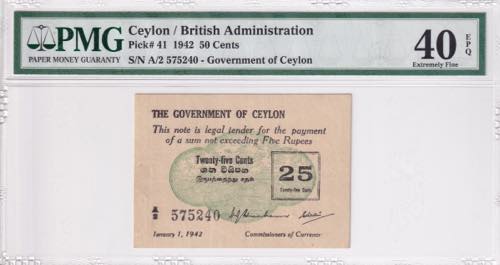 Ceylon, 50 Cents, 1942, XF, p41