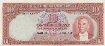 Turkey, 10 Lira, 1938, XF, p128, ... 