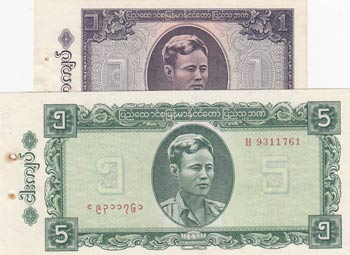 Burma, 1 Kyat and 5 Kyats, 1965, ... 