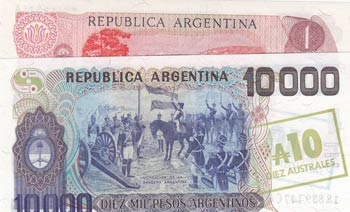 Argentina, 1 Peso and 10000 ... 