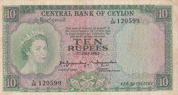 Ceylon, 10 Rupees, 1953, FINE-VF, ... 