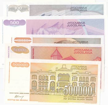 Yugoslavia, 10 Dinara, 100 Dinara, ... 