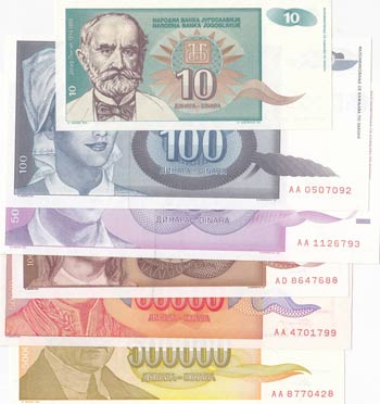 Yugoslavia, 10 Dinara, 100 Dinara, ... 