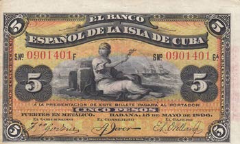 Cuba, 5 Peso, 1896, VF (+), p48
