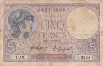 France, 5 Francs, 1921, FINE, p72b