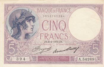 France, 5 Francs, 1933, VF, p72e