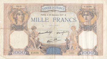 France, 1000 Francs, 1937, FINE, ... 