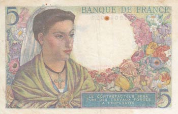 France, 5 Francs, 1943, XF, p98a
