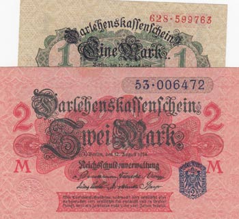 Germany, 1 Mark and 2 Mark, 1914, ... 