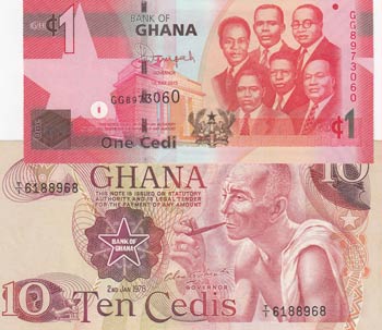 Ghana, 10 Cedis and 1 Cedi, 1978/ ... 