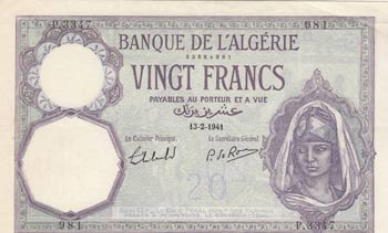 Algeria, 20 Francs, 1941, AUNC, ... 