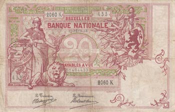 Belgium, 20 Francs, 1913, FINE, p67