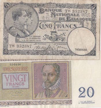 Belgium, 20 Francs and 5 Francs, ... 