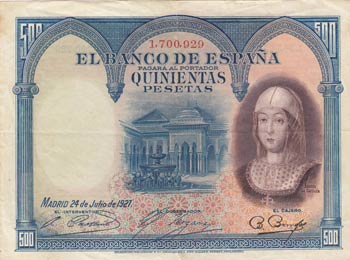 Spain, 500 Pesetas, 1927, VF, p73c