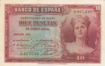 Spain, 10 Pesetas, 1935, UNC, p86a