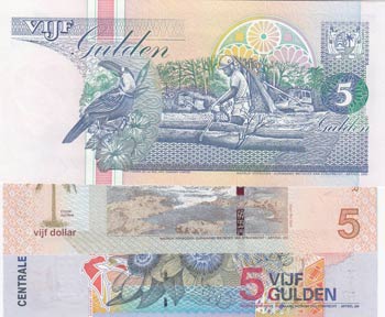 Suriname, 5 Guldens and 5 Guldens ... 