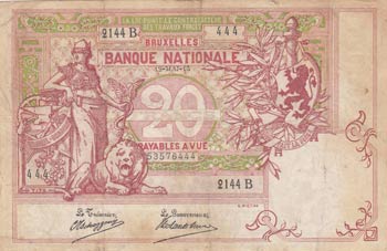 Belgium, 20 Francs, 1913, VF, p67