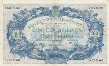 Belgium, 500 Francs or 100 Belgas, ... 