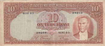 Turkey, 10 Lira, 1938, FINE, 2/1. ... 