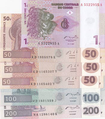 Congo, 1 Centime, 50 Francs (3), ... 