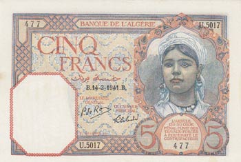 Algeria, 5 Francs, 1941, AUNC, p77