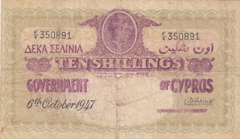Cyprus, 10 Shillings, 1947, POOR, ... 