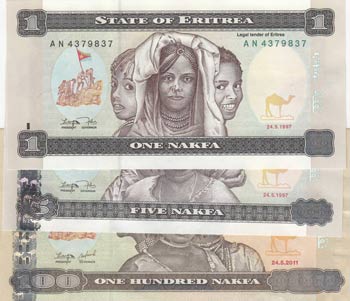 Eritrea, 1 Nakfa, 5 Nakfa and 100 ... 