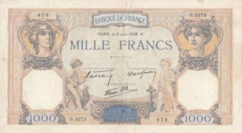 France, 1.000 Francs, 1938, VF ... 