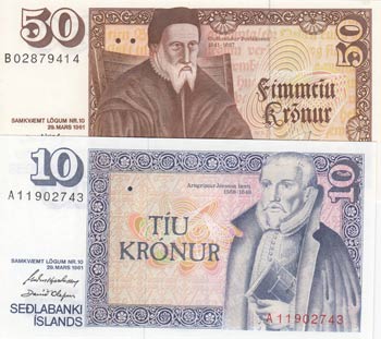 Iceland, 10 Kronur and 50 Kronur, ... 