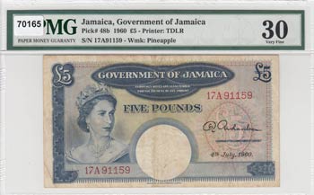 Jamaica, 5 Pounds, 1960, VF, p48b