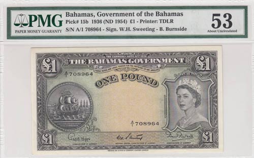 Bahamas , 1 Pound, 1954, AUNC, p15b