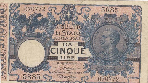 Italy, 5 Lire, 1923, VF, p23f