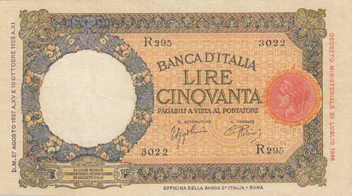 Italy, 50 Lire, 1937, XF, p54b