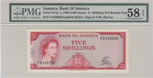 Jamaica, 5 Shillings, 1960, AUNC, ... 