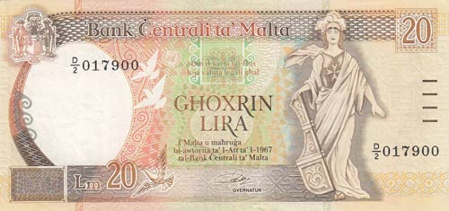 Malta, 20 Lira, 1967, VF, p48