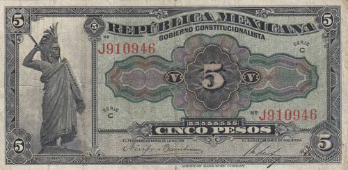 Mexico, 5 Pesos, 1915, VF, pS685