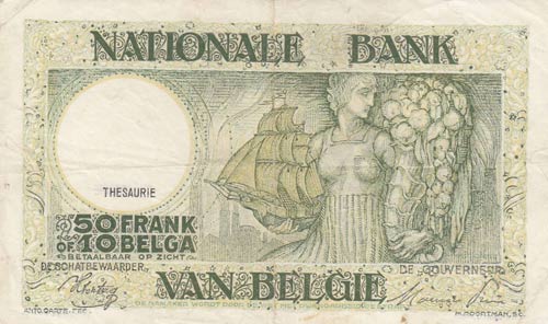 Belgium, 50 Francs or 10 Belgas, ... 