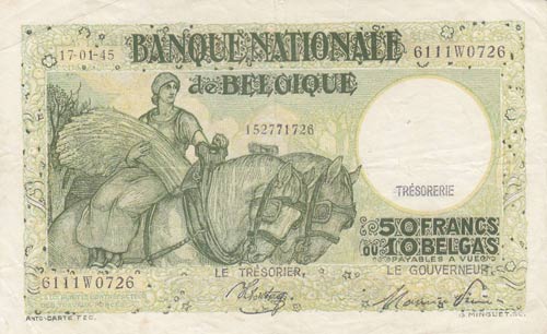 Belgium, 50 Francs or 10 Belgas, ... 