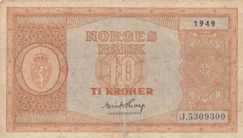 Norway, 10 Kroner, 1949, POOR, p26j