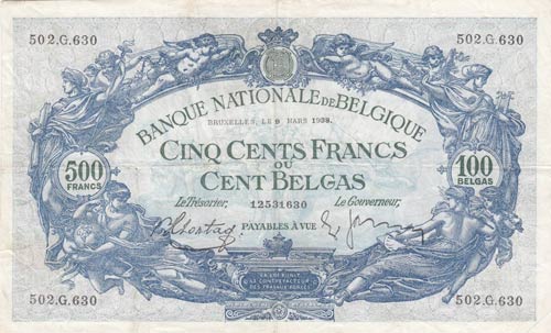 Belgium, 500 Francs=100 Belgas, ... 