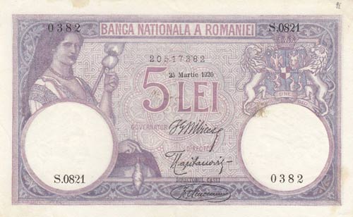 Romanya, 5 Lei, 1920, XF, p19a
